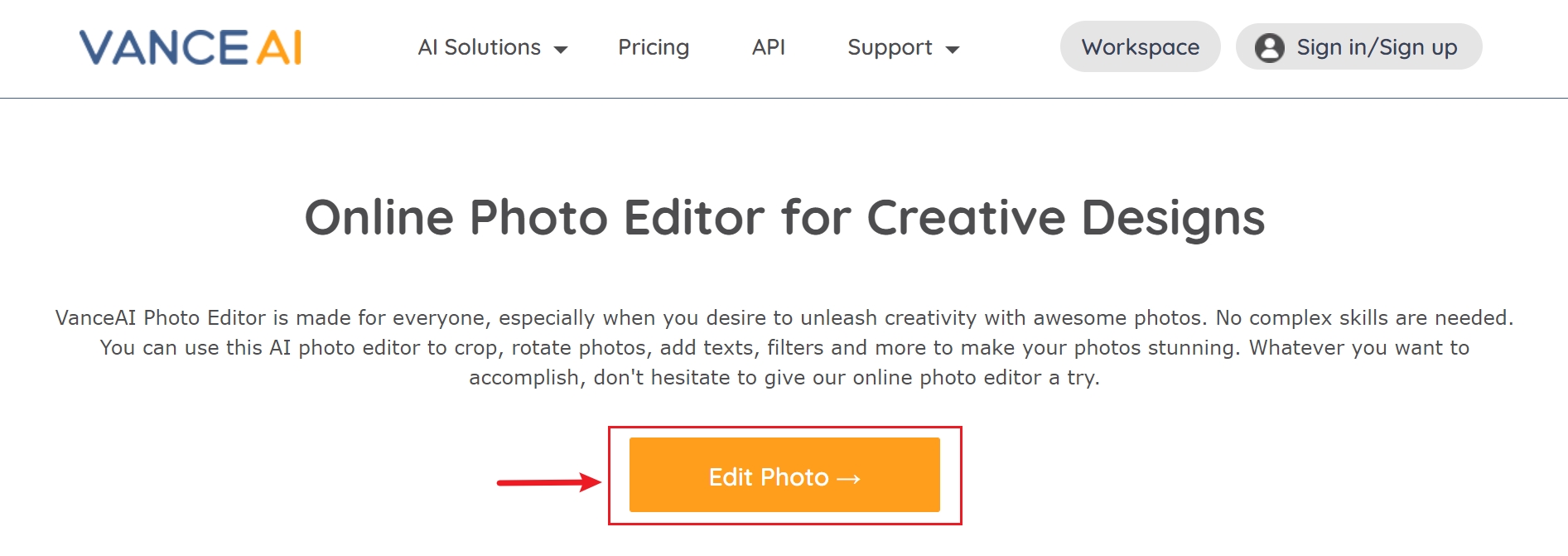 the homepage of VanceAI Photo Editor-step 1.